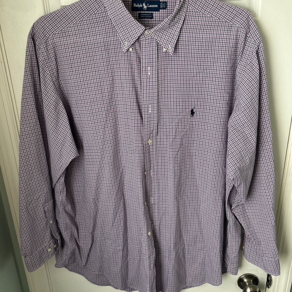 RALPH LAUREN PURPLE WHITE CHECK MENS SHIRT SIZE 17.5 34/35 YARMOUTH COTTON